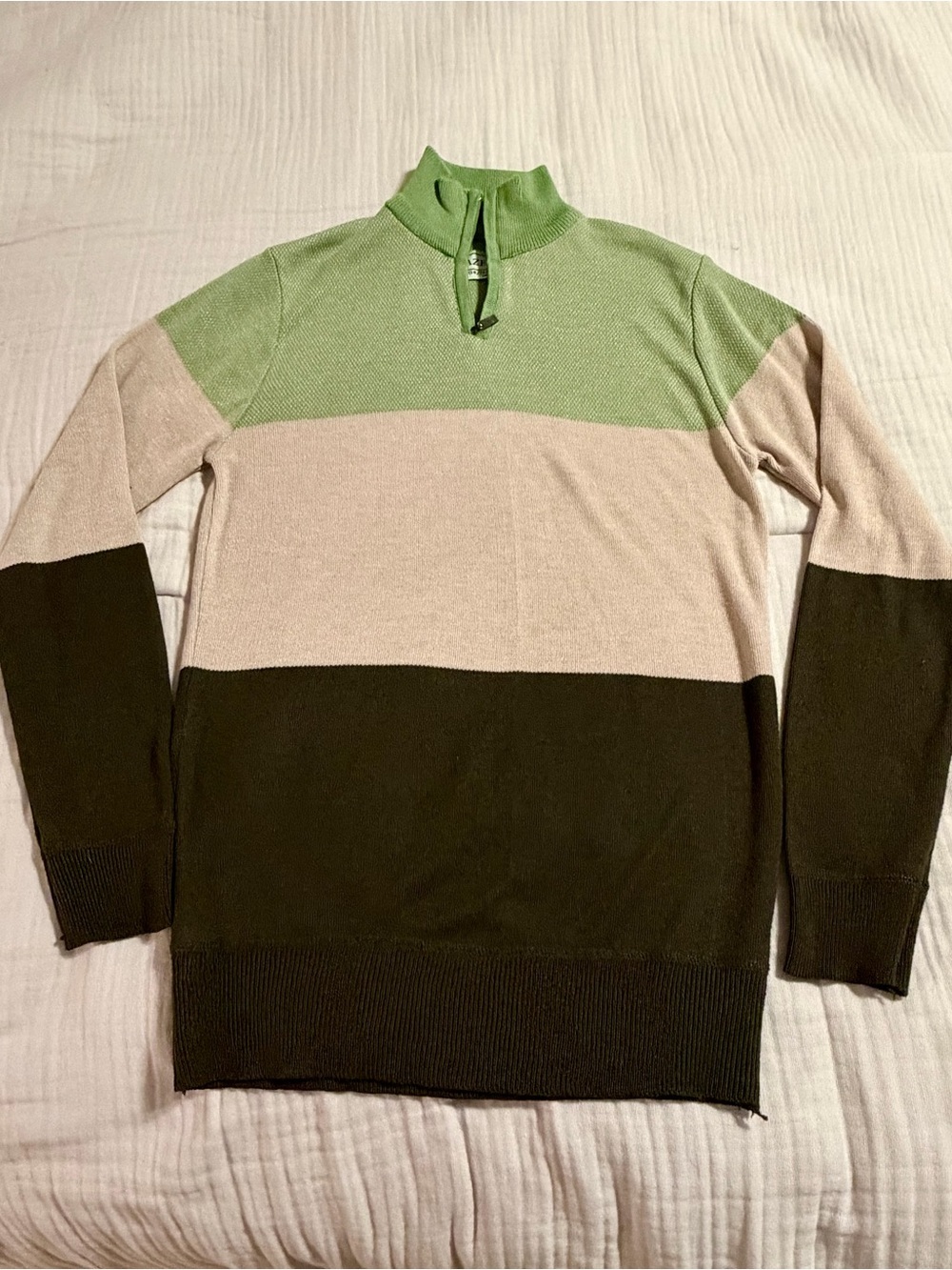 Boy’s Lightweight Colorblock Half-Zip Sweater in Light Green, Beige & Brown Sz L